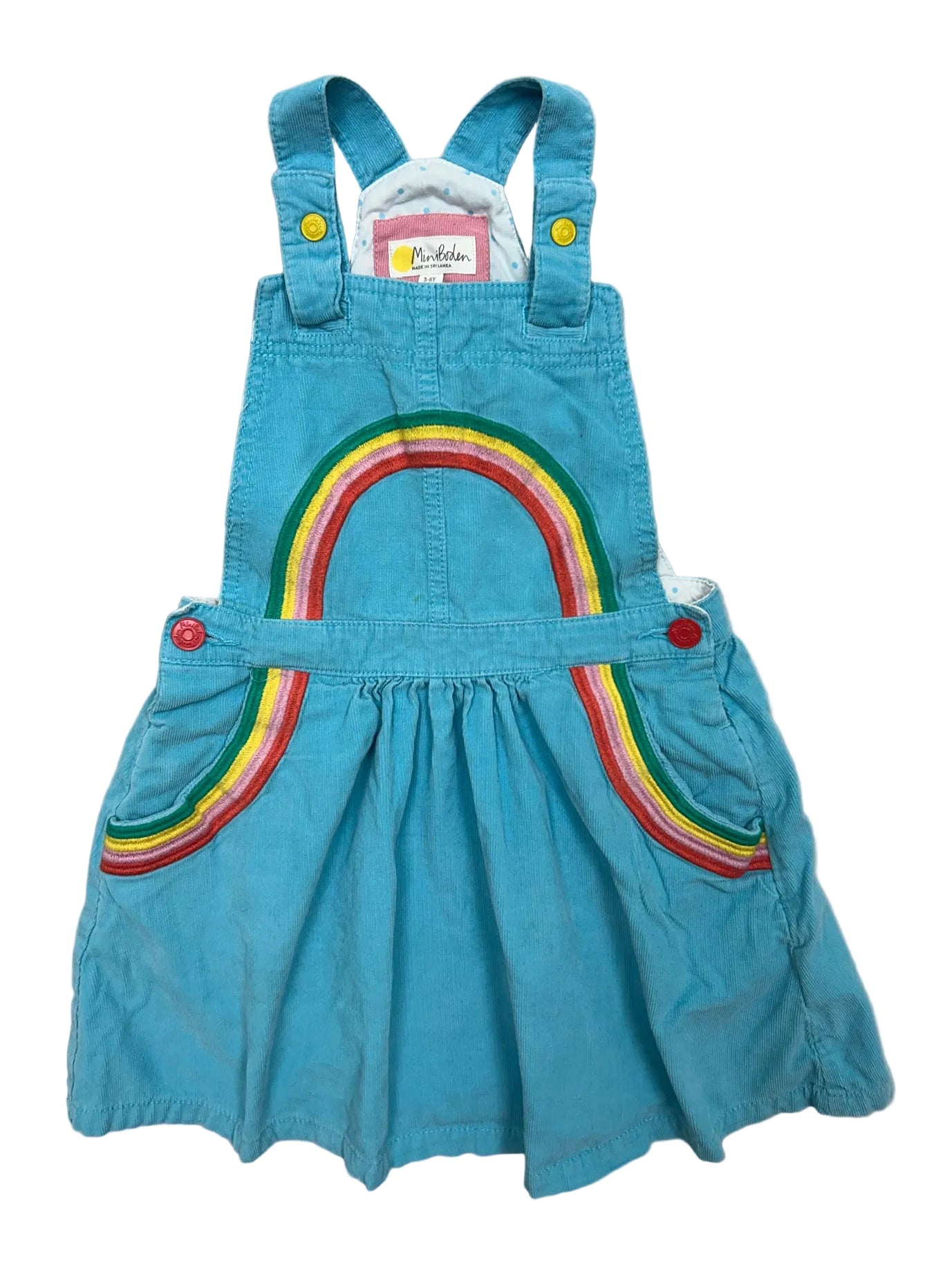 Size 5-6 Boden Blue Corduroy Overall Dress with Rainbow