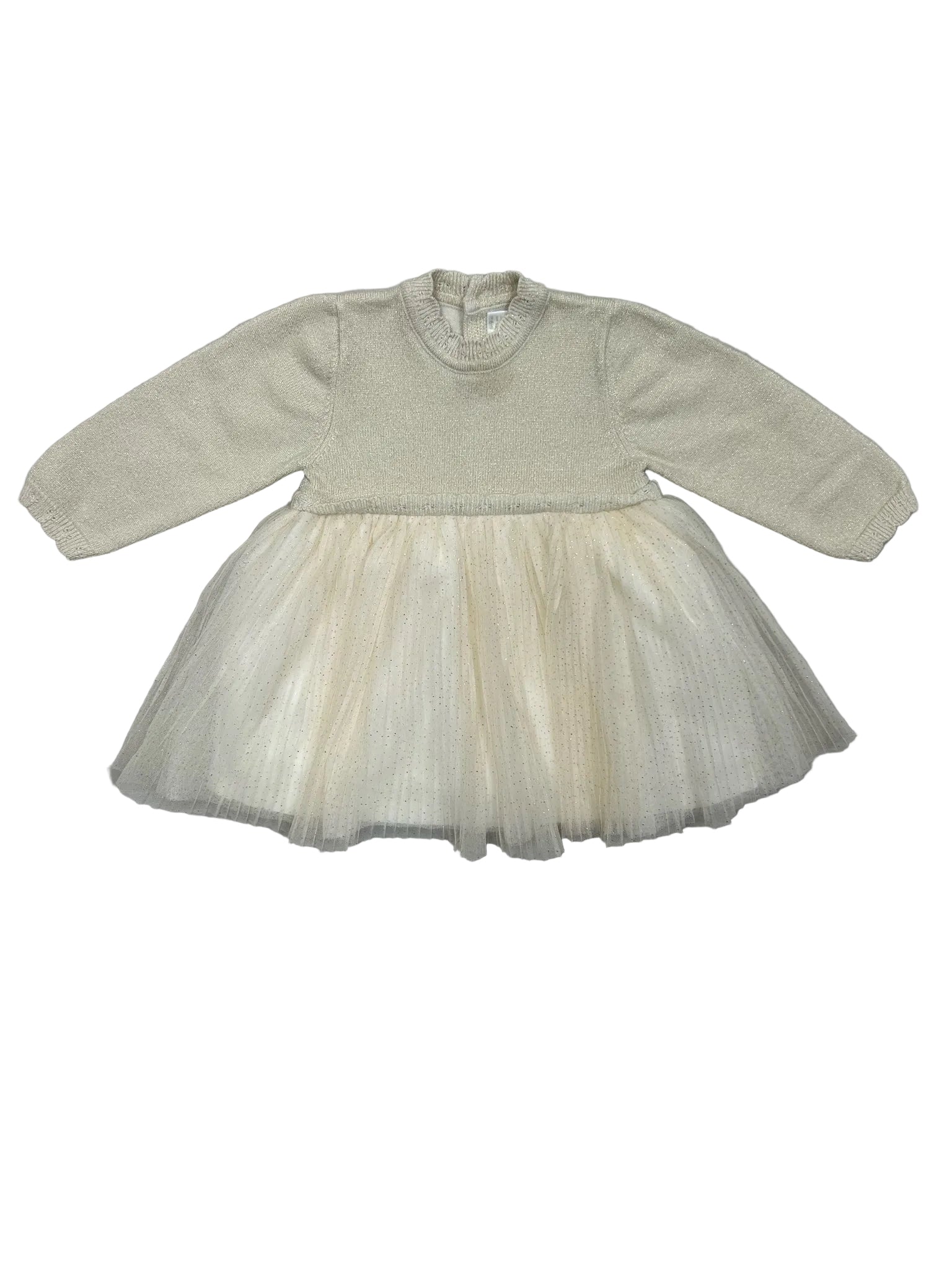 6-9 Months Mayoral Cream Long-Sleeve Sparkly Sweater Dress with Tulle Skirt