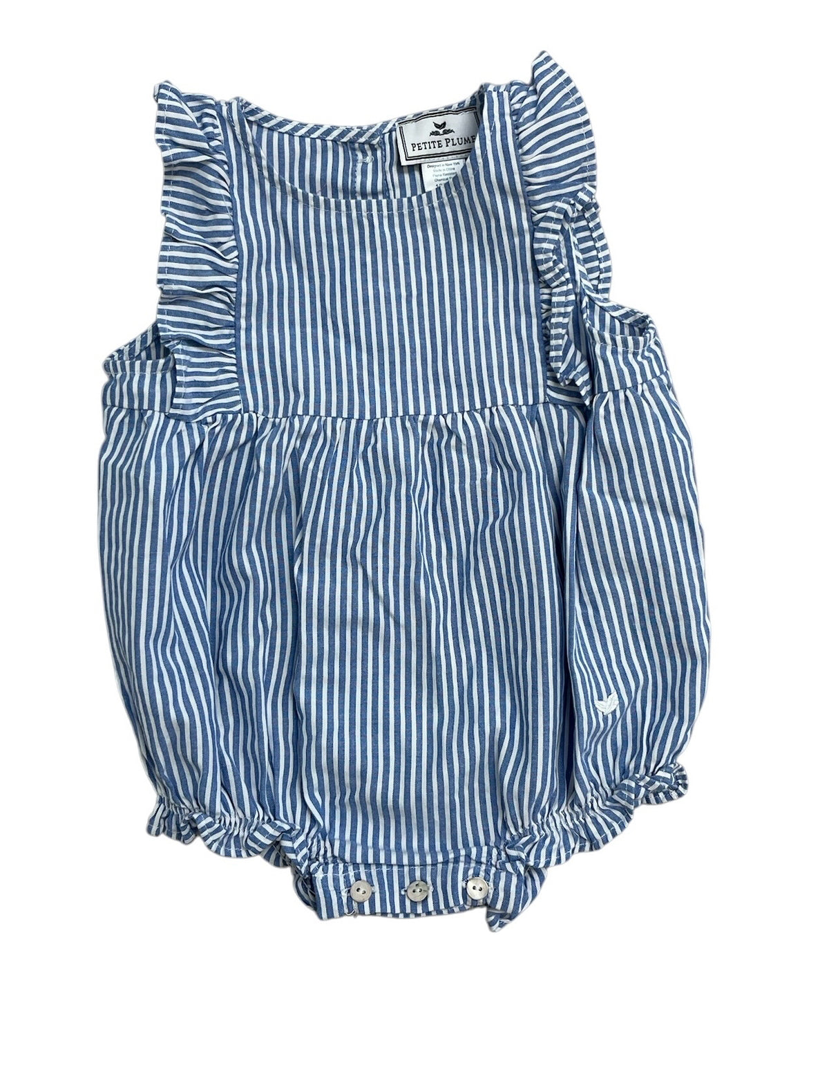 Petit Plume Blue Striped Twill Ruffled Cotton Romper Size 12-18 Months