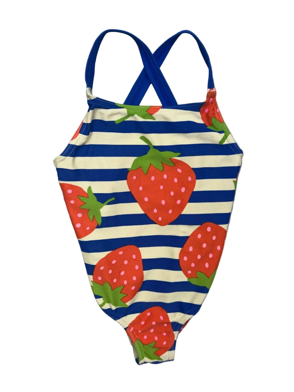 3-4T Boden Blue and White Striped Sleeveless One-Piece Swimsuit w/ Strawberries