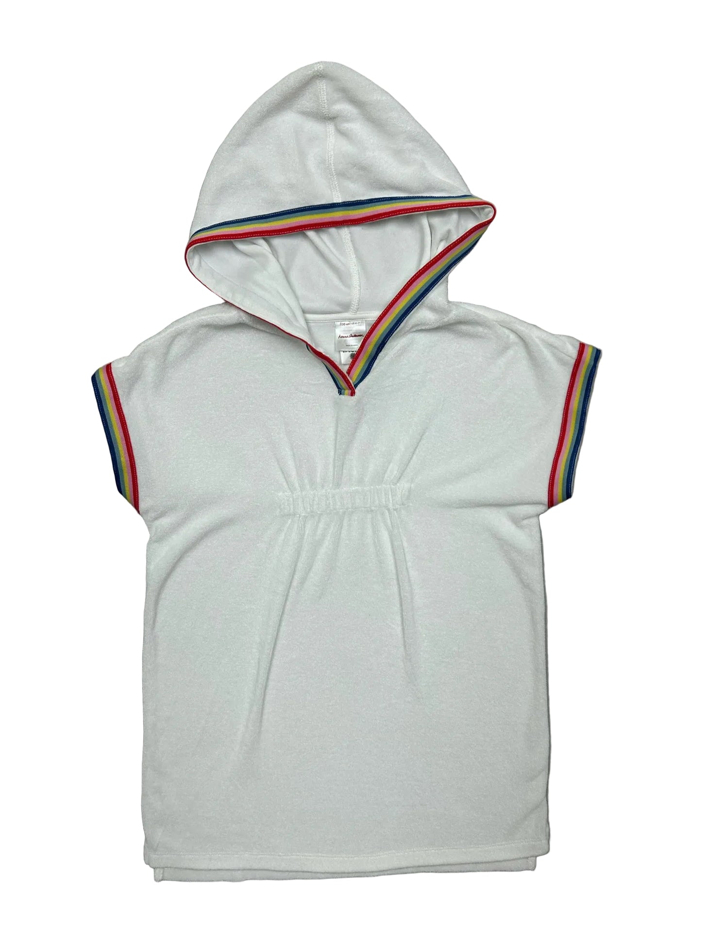 Size 6-7 Hanna Andersson White Short-Sleeve Cover-up w/ Rainbow Trim and Hood